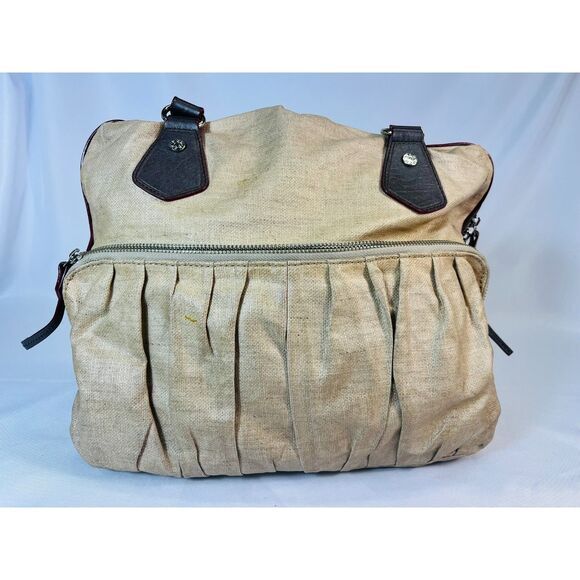 MZ Wallace Jane Glazed Linen Beige Satchel Leather Handles Pockets Large Capac - Picture 5 of 11